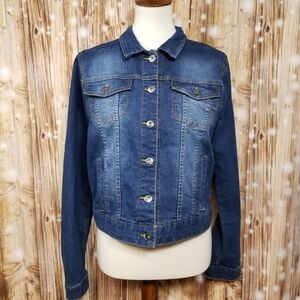 Love Tree Denim Dark Wash Cotton Blend Women's Lg Button Up Jean Jacket